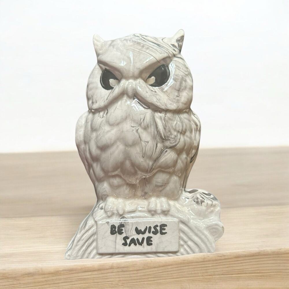 Vintage 70’s Ceramic Owl Coin Bank Be Wise Save Decorative White Grayish No Plug